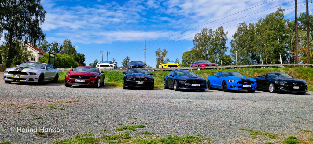 Tio Mustang-bilar parkerade i bredd, varav fyra står på en högre nivå.